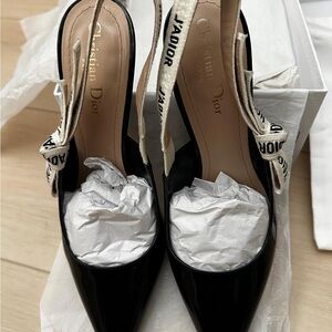 Dior Black Patent Leather Pointed Slingback Pumps with J'Adior Ribbon